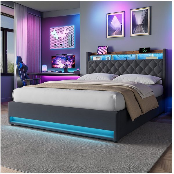 STILVORA Polsterbett mit bettkasten,Stauraumbett Boxspringbett 160×200 mit USB & LED-Licht (Funktionbett mit Hydraulikstange,Tragfähigkeit: 200kg, Strapazierfäh