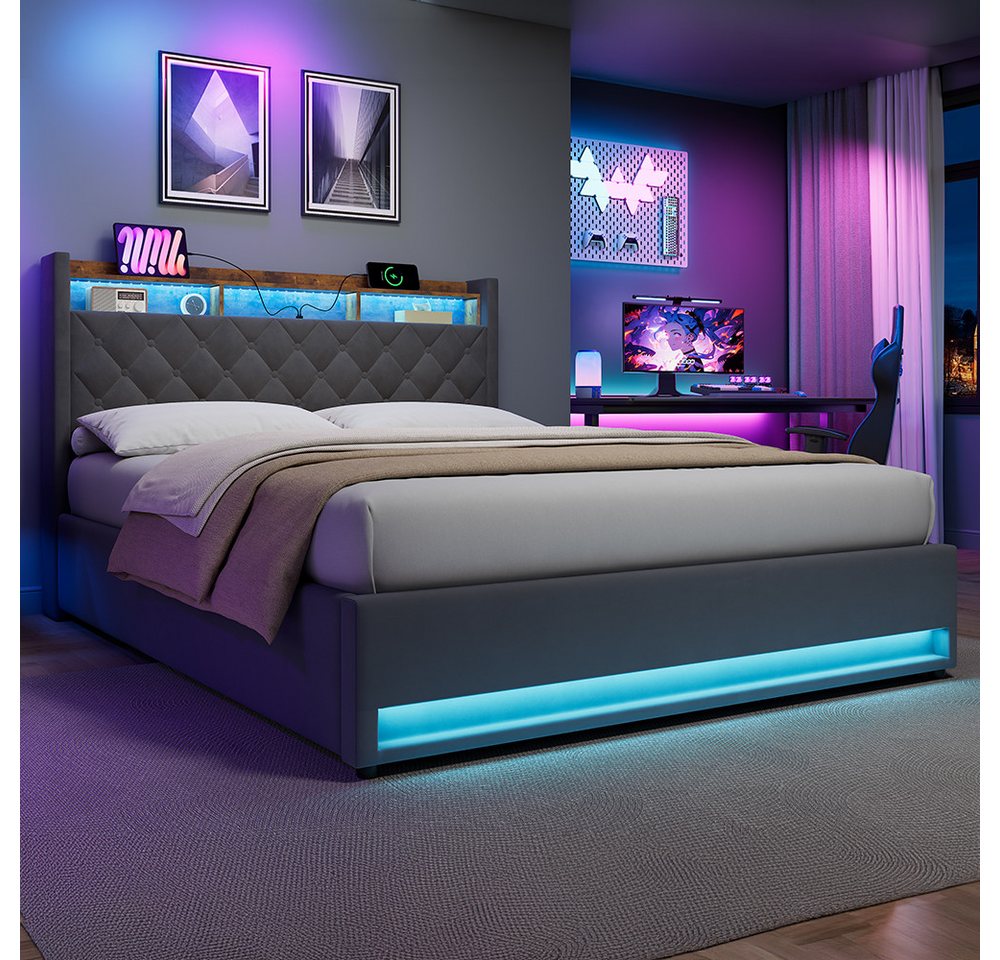 STILVORA Polsterbett mit bettkasten,Stauraumbett Boxspringbett 160×200 mit USB & LED-Licht (Funktionbett mit Hydraulikstange,Tragfähigkeit: 200kg, Strapazierfäh – Bild 2 von 5