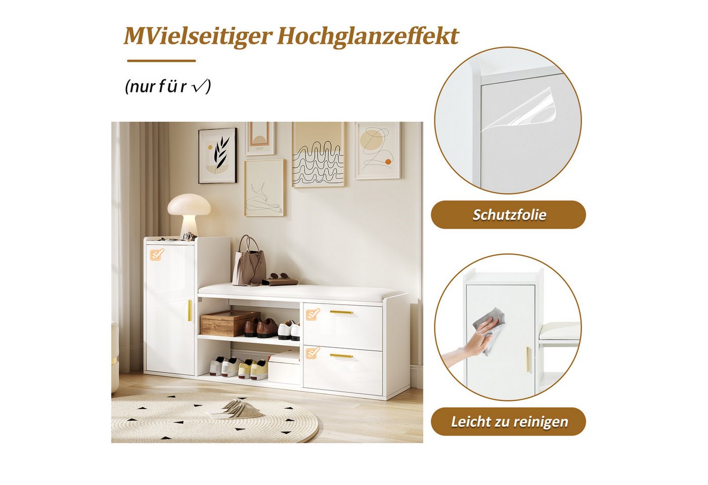 STILVORA Schuhschrank mit Schubladen,Schuhregal Aufwahrungsschrank Hochglanz mit Sitzbank (Schuhregal, 1-St., 2 Schubladen, 1 Schrank) Sitzbänke mit gepolsterte – Bild 4 von 5