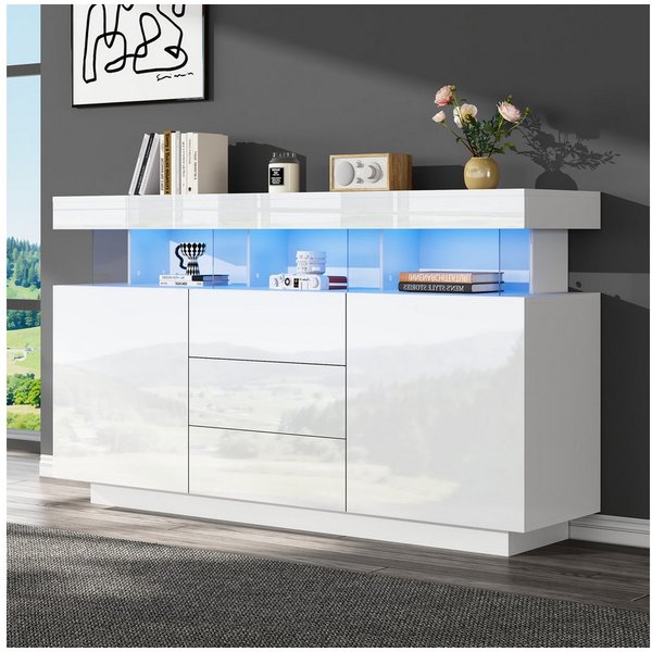 STILVORA Sideboard wohnzimmer weiß,140cm Acryl-Sideboard Küche mit 16-farbigem LED-Licht (Kaffeebar, Kommode, Mehrzweckschrank, 1 St., Spanplatte+Acryl), Hochgl