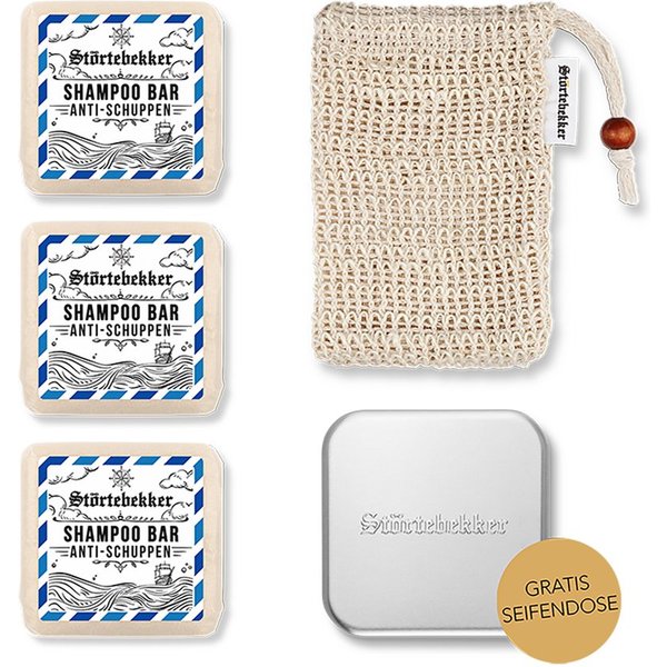 Störtebekker Festes Haarshampoo Duschset - 3x Shampoo, Soap Bag und GRATIS Seifendose, Veganes Shampoo, praktische Aufbewahrung, handgefertigt in Holland