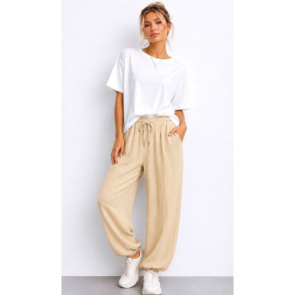 Worldclassca Stoffhose Worldclassca Musselin Stoff Hose Freizeit Sommer Leichte Haremhose Neue Kollektion - Stilvolle und gemütliche Sommer Mode für Damen