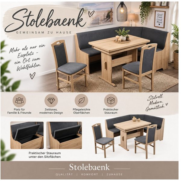 Stolebaenk Eckbankgruppe Bremen MANITI, (Eckbank Set, 1xEckbank, 1xTisch, 2x Stuhl), Beidseitig aufbaubar