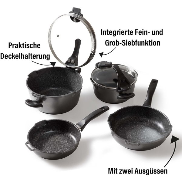 STONELINE Topf-Set Future, Aluminiumguss (Set, 8-tlg., Kochtopf 20/24, Stieltopf 18 cm, Schmorpfanne 20/24 cm), Induktion