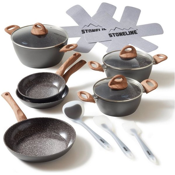 STONELINE Topf-Set Kochgeschirr-Set, 14-teilig, mit Griff in Holzoptik und Glasdeckeln, Keramik, Aluminium (14-tlg), mit echten Steinpartikeln, induktionsgeeign