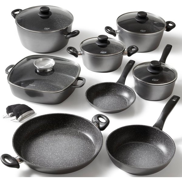 STONELINE Topf-Set, Aluminiumguss (Set, 13-tlg., Bratentopf 24/28, Kochtopf 20, Kasserolle 18, Pfanne 20/24/28/32 cm), Induktion