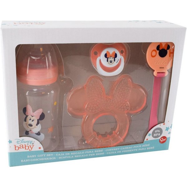 Stor Schnuller Set Disney Baby Mickey oder Minnie Mouse mit Beißring und Flasche, im Geschenkkarton