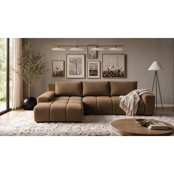 storez24 Ecksofa Ovia, mit Bettkasten und Schlaffunktion, Bouclé-Stoff, L-Form, bequem