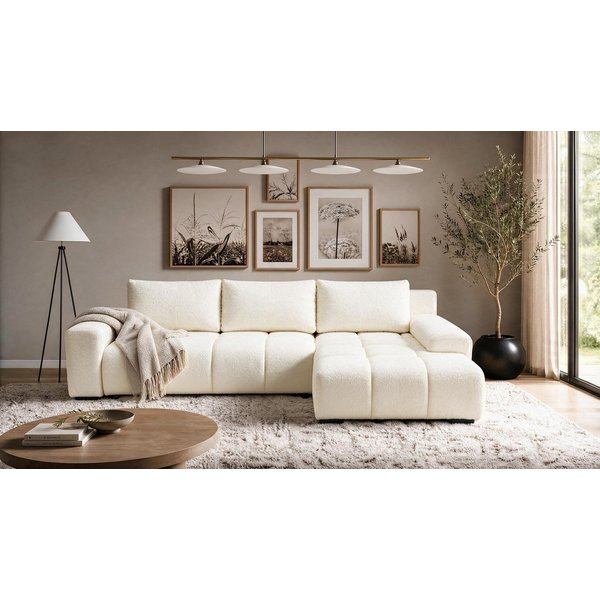 storez24 Ecksofa Ovia, mit Bettkasten und Schlaffunktion, Bouclé-Stoff, L-Form, bequem