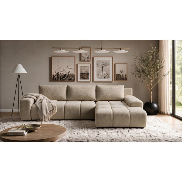 storez24 Ecksofa Ovia, mit Bettkasten und Schlaffunktion, Bouclé-Stoff, L-Form, bequem