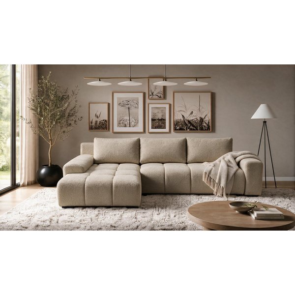 storez24 Ecksofa Ovia, mit Bettkasten und Schlaffunktion, Bouclé-Stoff, L-Form, bequem
