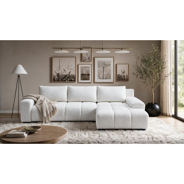 storez24 Ecksofa Ovia, mit Bettkasten und Schlaffunktion, Bouclé-Stoff, L-Form, bequem