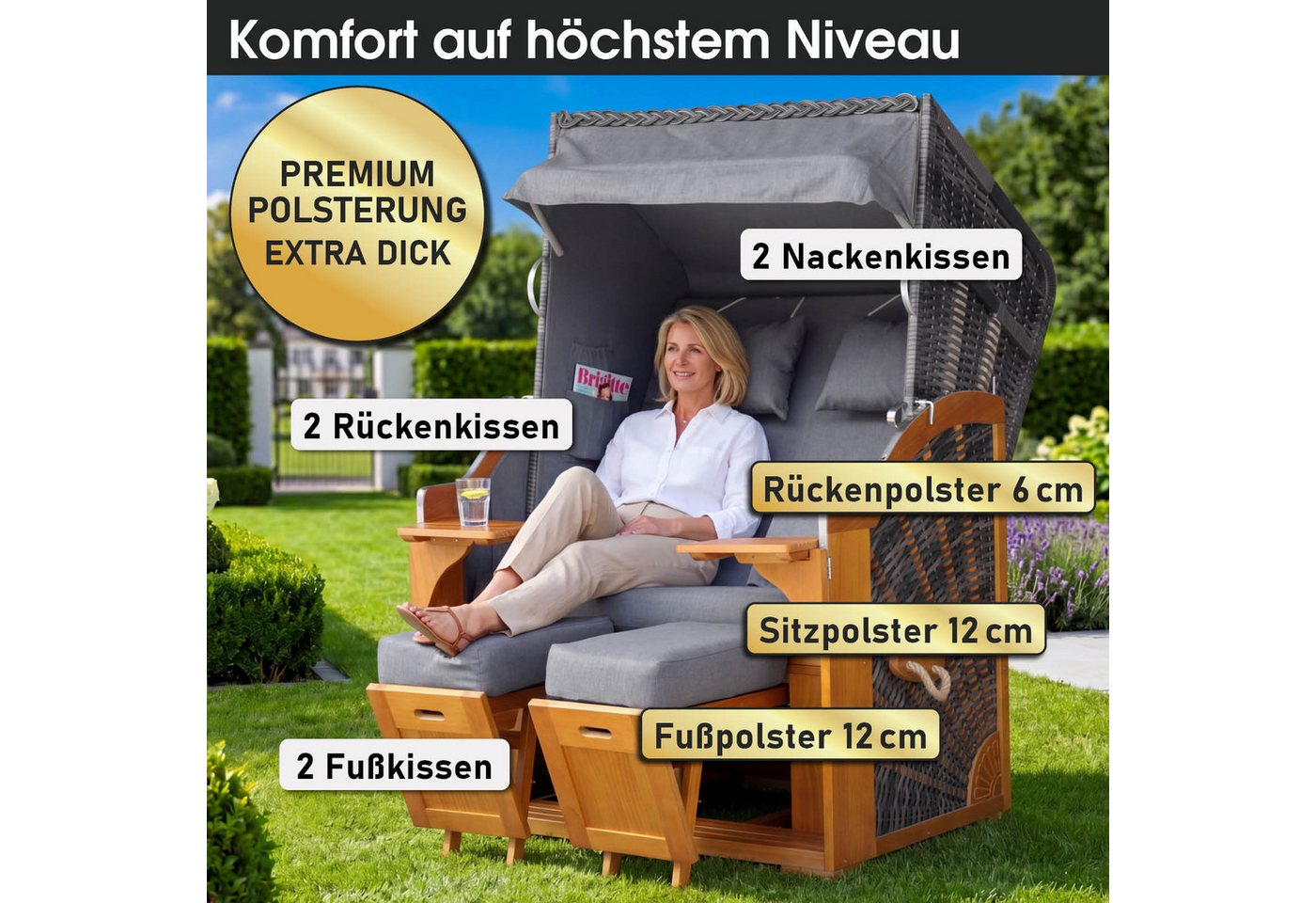 BRAST Strandkorb BRAST Strandkorb Bornholm Premium, 123cm Breite, 3 Designs, Volllieger, Bornholm, (Pinien Vollholz, UV-beständig), inkl. Premium-Schutzhaube – Bild 3 von 5