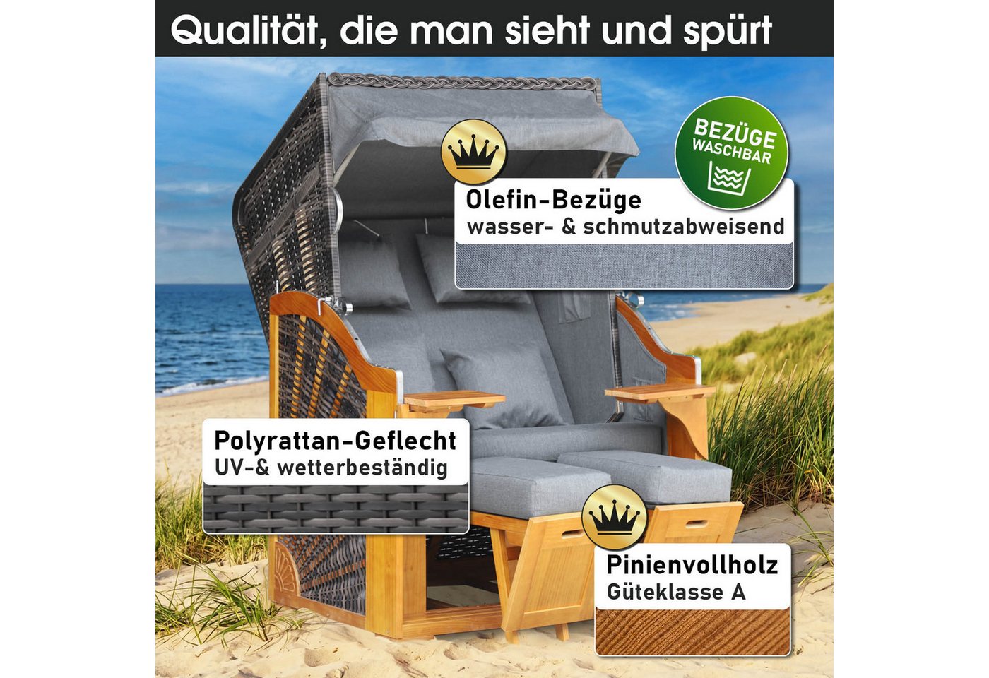 BRAST Strandkorb BRAST Strandkorb Bornholm Premium, 123cm Breite, 3 Designs, Volllieger, Bornholm, (Pinien Vollholz, UV-beständig), inkl. Premium-Schutzhaube – Bild 4 von 5