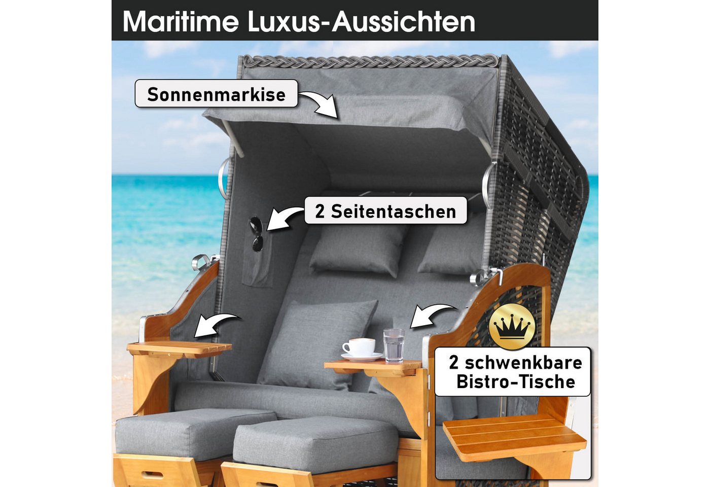 BRAST Strandkorb BRAST Strandkorb Bornholm Premium, 123cm Breite, 3 Designs, Volllieger, Bornholm, (Pinien Vollholz, UV-beständig), inkl. Premium-Schutzhaube – Bild 5 von 5