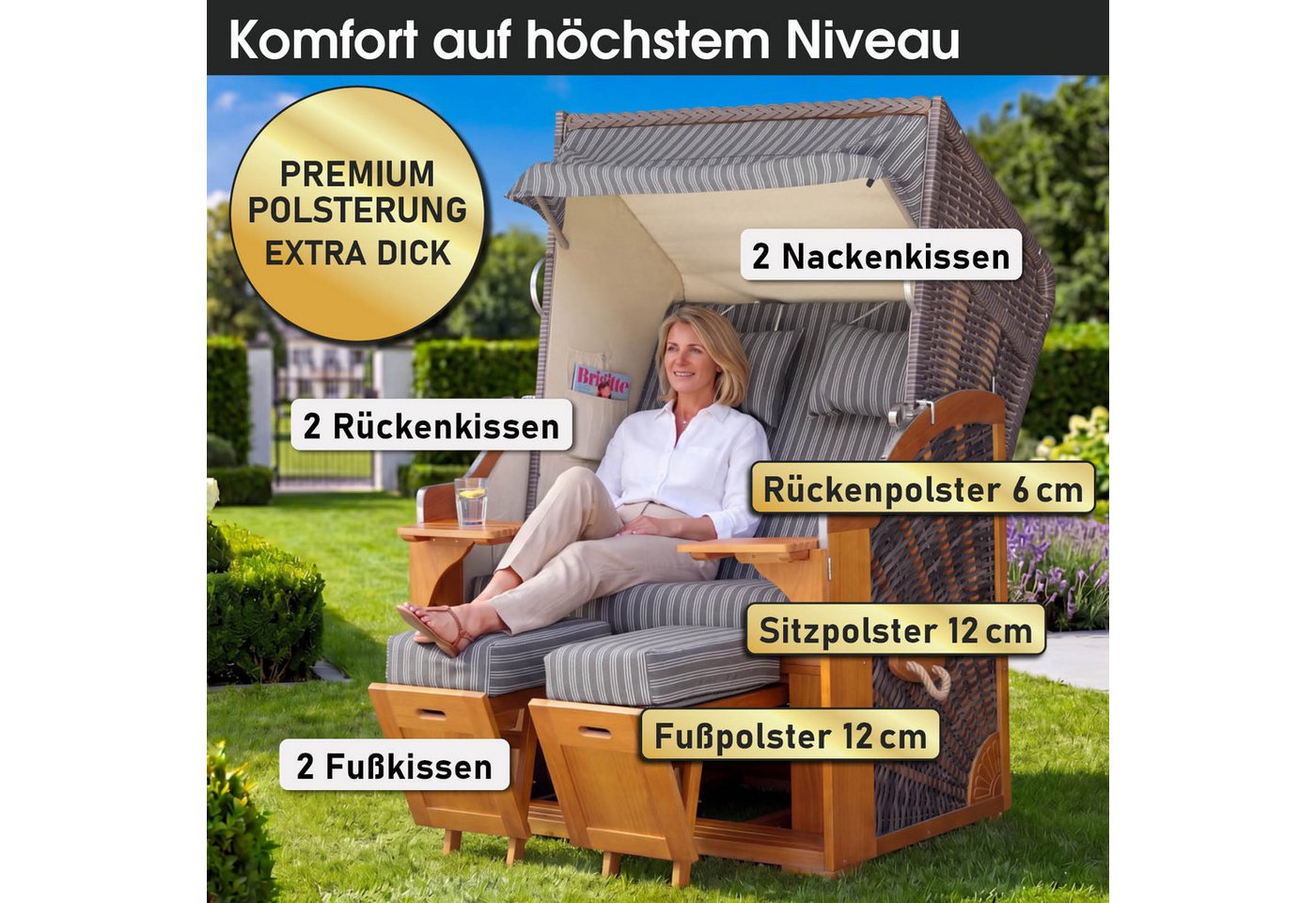 BRAST Strandkorb BRAST Strandkorb Bornholm Premium, 123cm Breite, 3 Designs, Volllieger, Bornholm, (Pinien Vollholz, UV-beständig), inkl. Premium-Schutzhaube – Bild 3 von 5