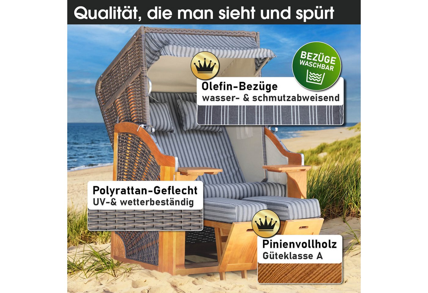 BRAST Strandkorb BRAST Strandkorb Bornholm Premium, 123cm Breite, 3 Designs, Volllieger, Bornholm, (Pinien Vollholz, UV-beständig), inkl. Premium-Schutzhaube – Bild 4 von 5