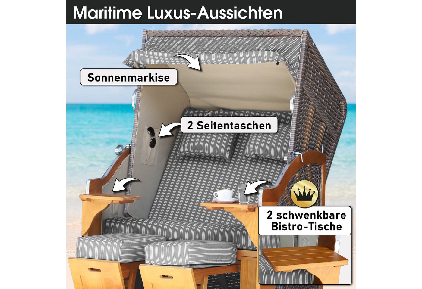 BRAST Strandkorb BRAST Strandkorb Bornholm Premium, 123cm Breite, 3 Designs, Volllieger, Bornholm, (Pinien Vollholz, UV-beständig), inkl. Premium-Schutzhaube – Bild 5 von 5