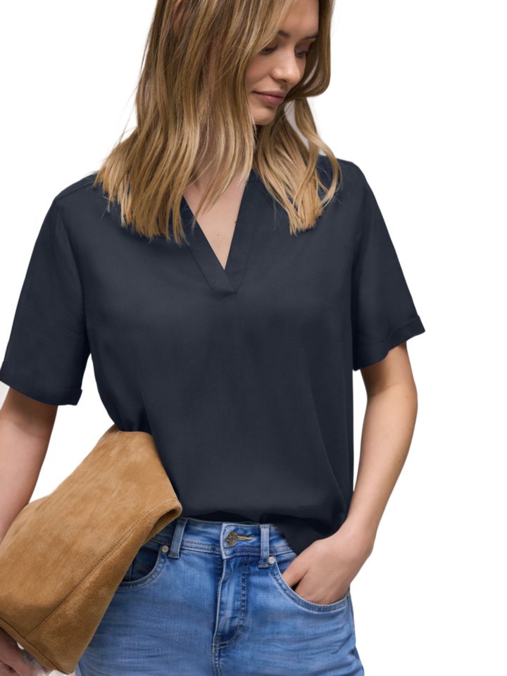 STREET ONE Blusenshirt blau,Casual,Viskose,Unifarben,V-Ausschnitt,Kurz,Gerade – Bild 3 von 5