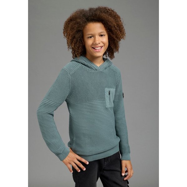 Bruno Banani Strickpullover Kapuzen-Strickpullover mit BRUNO BANANI Badge Pullover in Ripp-Strickstruktur, mit Kapuze und Tasche auf der Brust