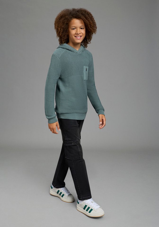 Bruno Banani Strickpullover Kapuzen-Strickpullover mit BRUNO BANANI Badge Pullover in Ripp-Strickstruktur, mit Kapuze und Tasche auf der Brust – Bild 4 von 5