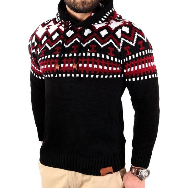 Reslad Strickpullover Reslad Herren Grobstrick Pullover Norweger Winter Kapuzenpullover (1-tlg) Strickpullover Männer Norwegermuster mit Kapuze