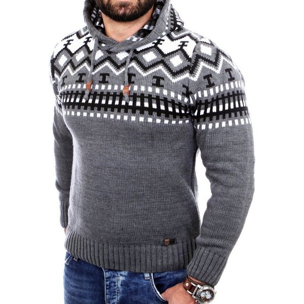 Reslad Strickpullover Reslad Herren Grobstrick Pullover Norweger Winter Kapuzenpullover (1-tlg) Strickpullover Männer Norwegermuster mit Kapuze