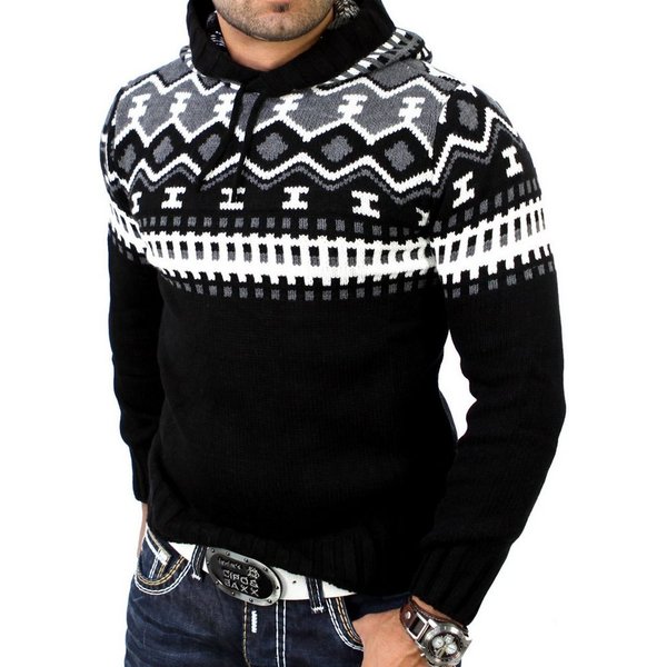 Reslad Strickpullover Reslad Herren Grobstrick Pullover Norweger Winter Kapuzenpullover (1-tlg) Strickpullover Männer Norwegermuster mit Kapuze