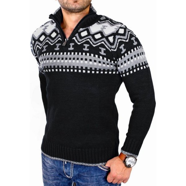 Reslad Strickpullover Reslad Herren Strickpullover Crewneck Zipper Norweger Pullover RS-3110 (1-tlg) Strickpullover Männer Norwegermuster Troyer