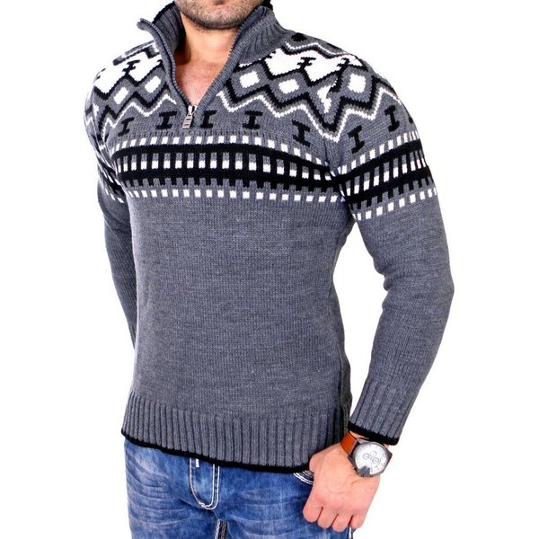 Reslad Strickpullover Reslad Herren Strickpullover Crewneck Zipper Norweger Pullover RS-3110 (1-tlg) Strickpullover Männer Norwegermuster Troyer