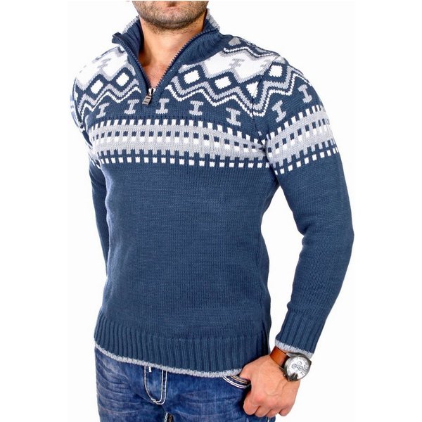 Reslad Strickpullover Reslad Herren Strickpullover Crewneck Zipper Norweger Pullover RS-3110 (1-tlg) Strickpullover Männer Norwegermuster Troyer