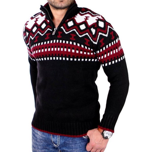 Reslad Strickpullover Reslad Herren Strickpullover Crewneck Zipper Norweger Pullover RS-3110 (1-tlg) Strickpullover Männer Norwegermuster Troyer