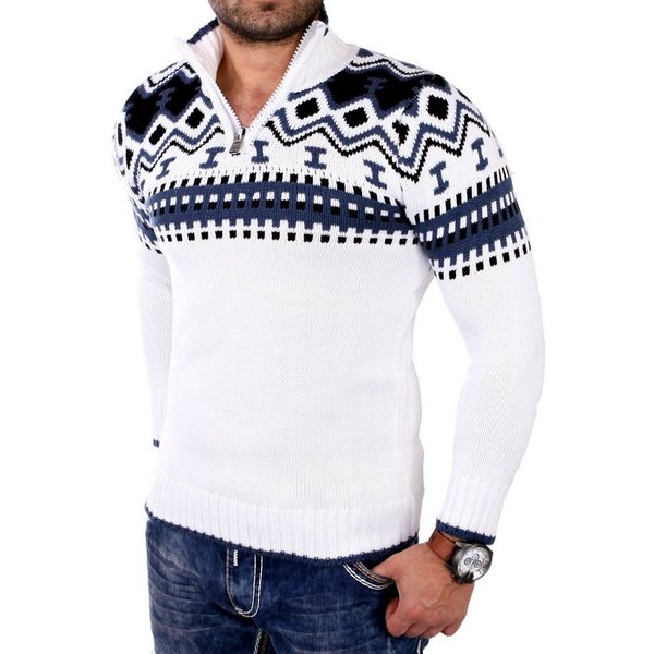 Reslad Strickpullover Reslad Herren Strickpullover Crewneck Zipper Norweger Pullover RS-3110 (1-tlg) Strickpullover Männer Norwegermuster Troyer