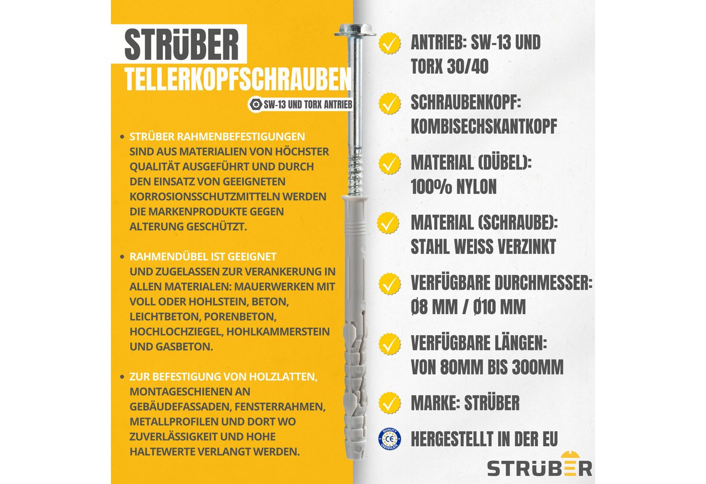STRÜBER Schrauben- und Dübel-Set Rahmendübel mit Sechskantschraube und Scheibenkopf mit SW/TX-Buchse – Bild 2 von 5