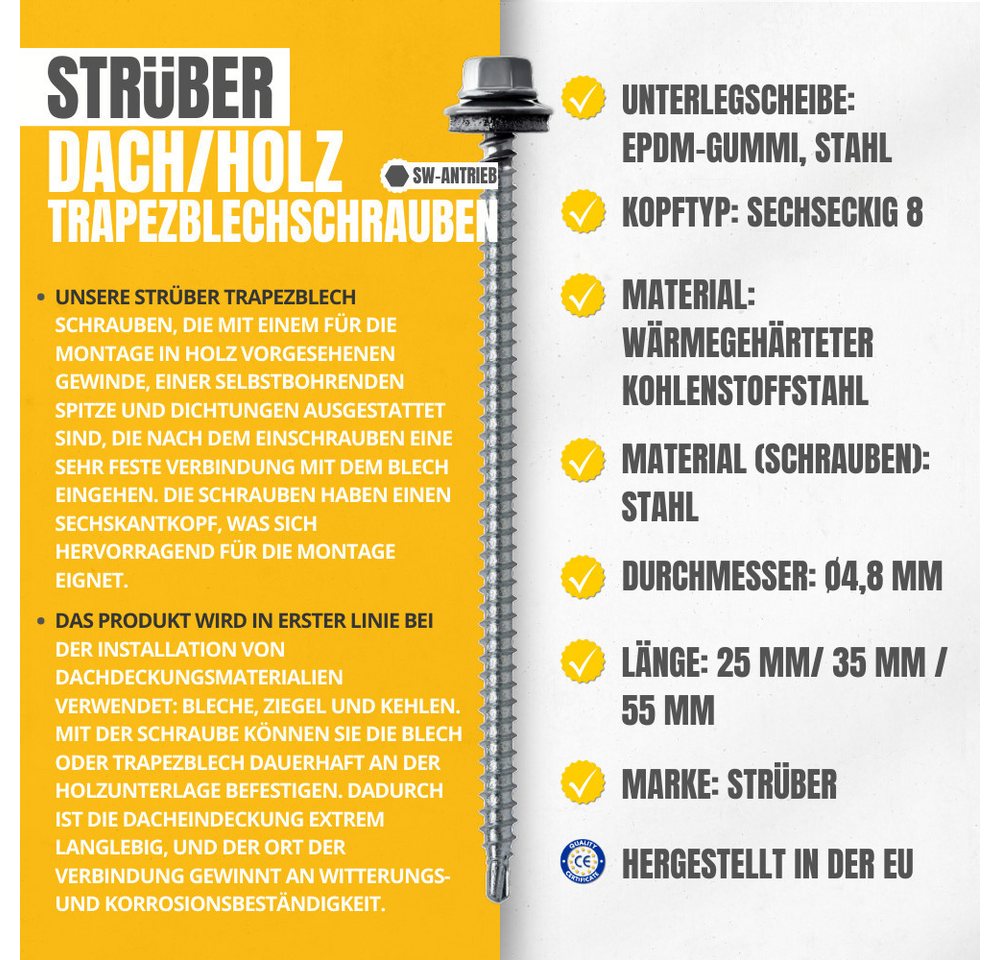 STRÜBER Schrauben- und Dübel-Set Trapezblechschrauben - Selbstbohrende Bohrschrauben mit Dichtscheibe, (250 St) – Bild 2 von 5