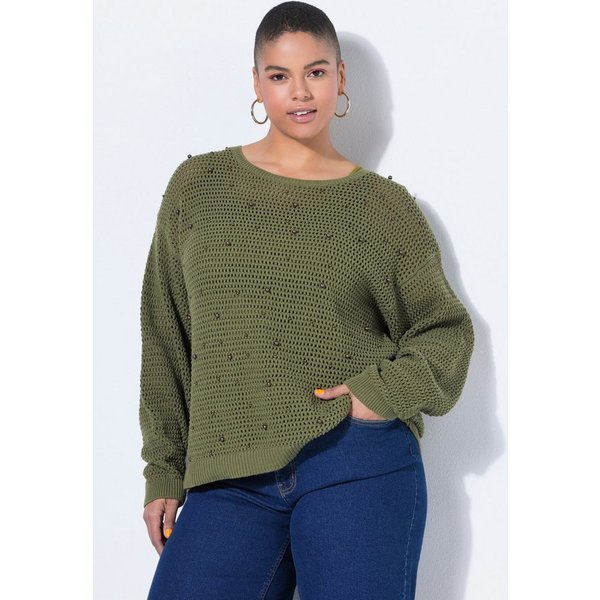 Studio Untold Strickpullover Pullover Boxy Shape Lochstrick Zierperlen Langarm