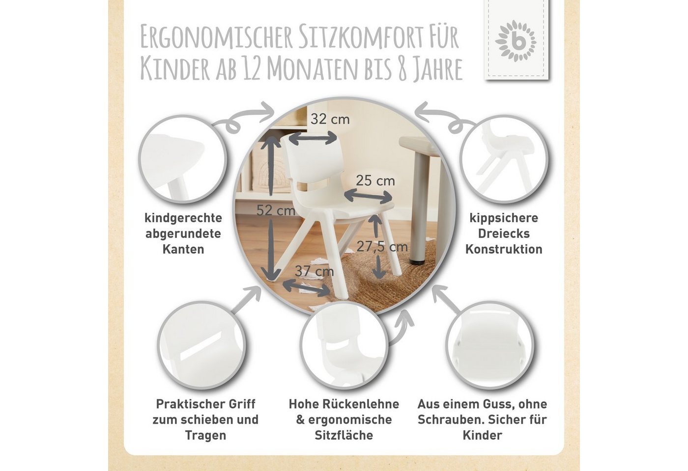 BIECO Stuhl Bieco Kinderstuhl bis 80 kg, stapelbar, kippsicher Kinder Stuhl – Bild 3 von 5