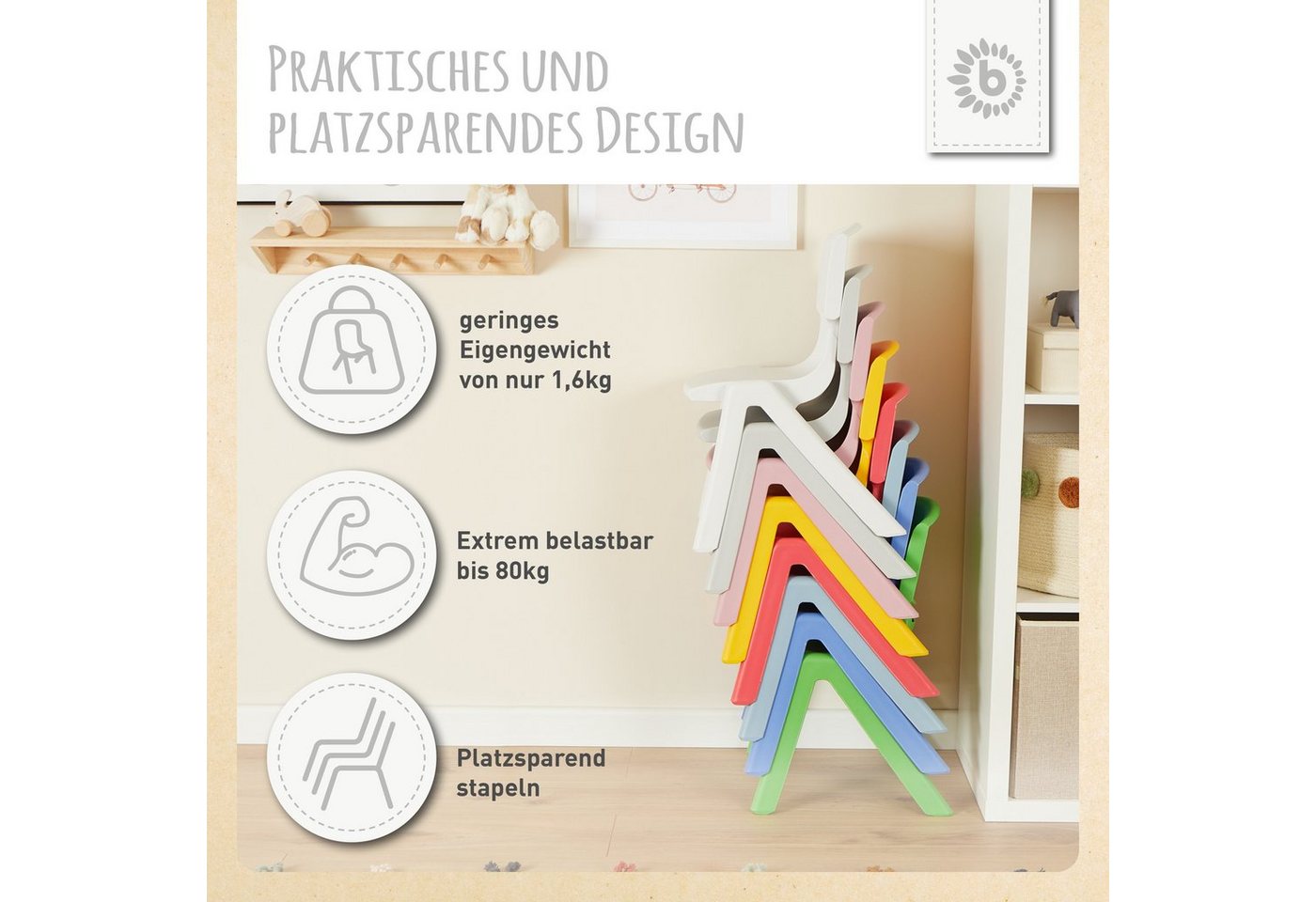 BIECO Stuhl Bieco Kinderstuhl bis 80 kg, stapelbar, kippsicher Kinder Stuhl – Bild 5 von 5