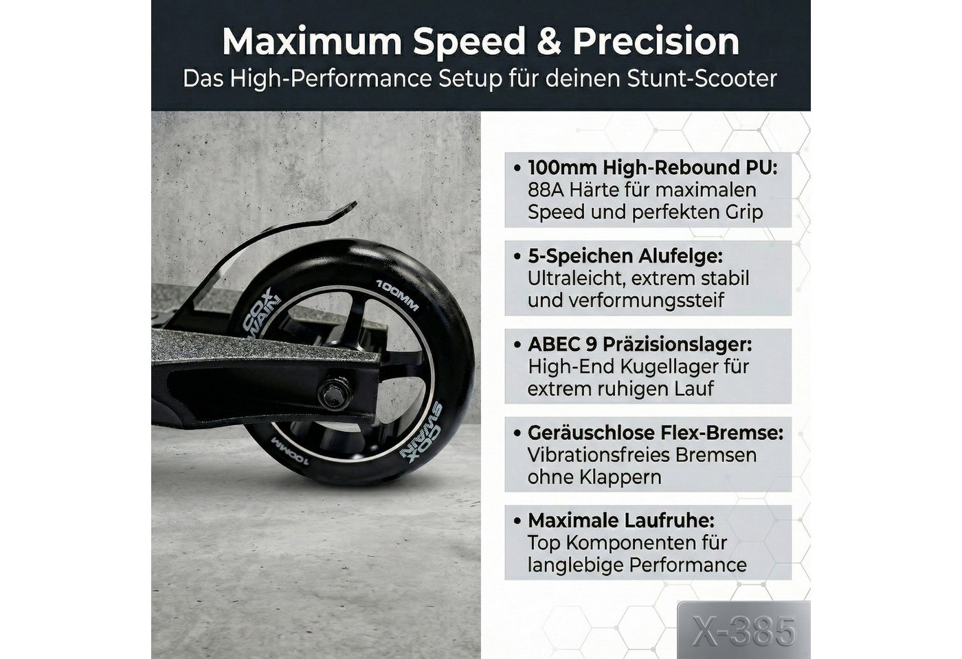 Cox Swain Stuntscooter Cox Swain Stunt Scooter X-385, (1 tlg), ABEC9 Lager und ALU Kern Rollen Super Heavy Quality! – Bild 4 von 5
