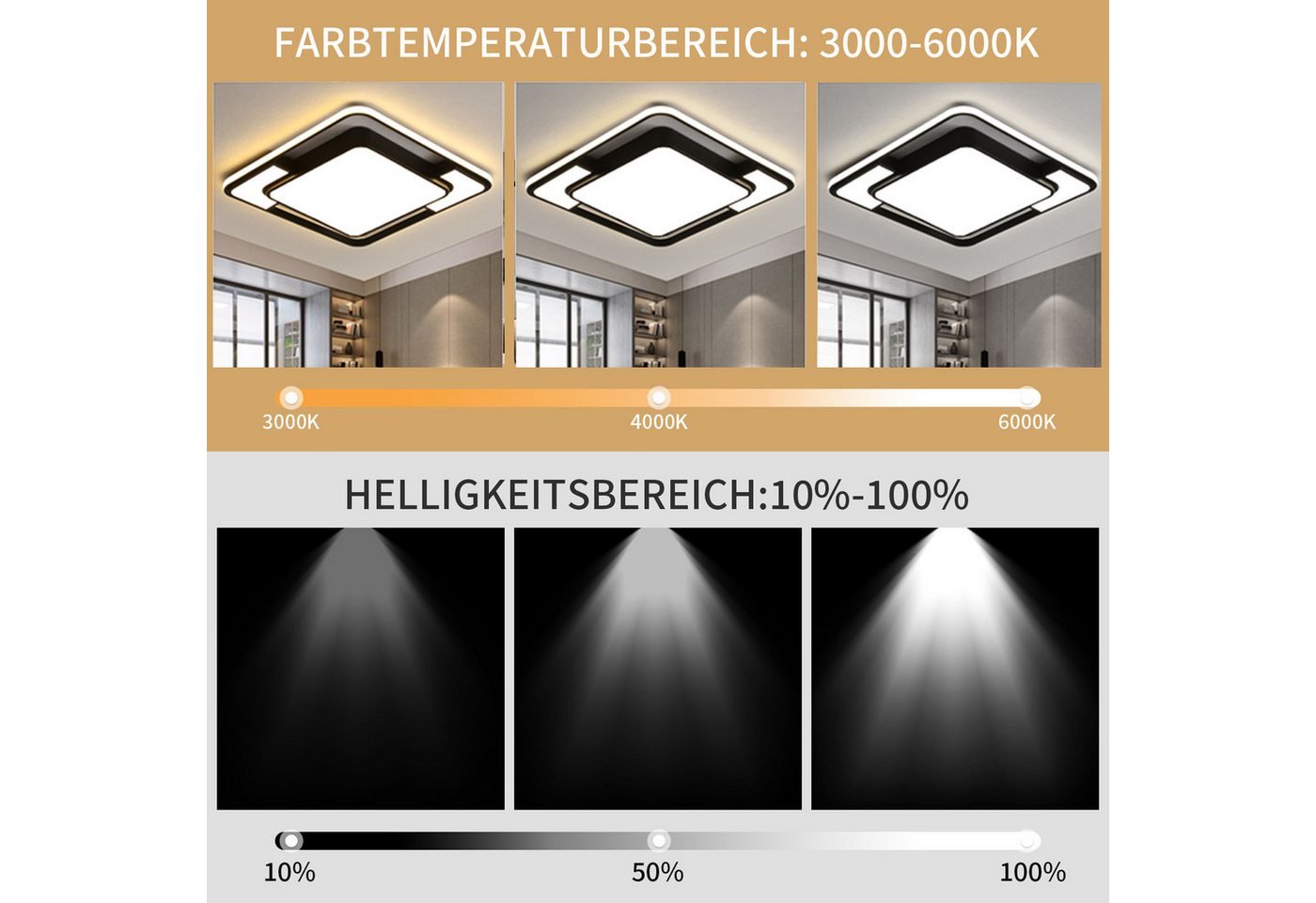 style home Deckenleuchte LED Deckenlampe dimmbar mit Fernbedienung, 90W-Ø42cm, Warmweiß bis Kaltweiß 3000K-6000K, quadratisch 42x6 cm, Schwarz, für Wohnzimmer B – Bild 3 von 5