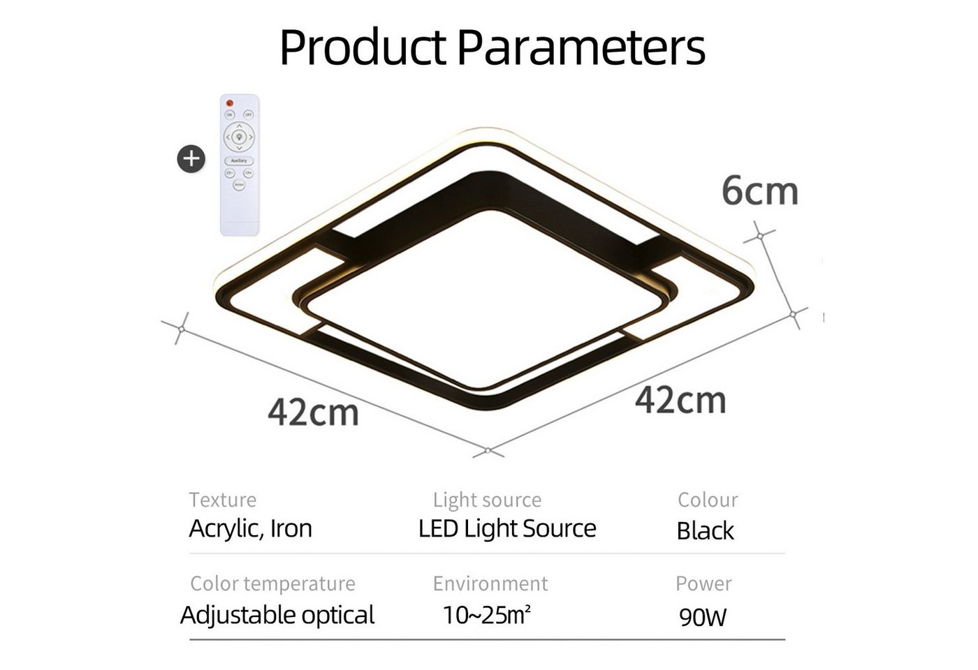 style home LED Deckenleuchte Deckenlampe, 90W-42x42x6cm, LED fest integriert, Warmweiß bis Kaltweiß 3000K-6000K, dimmbar mit Fernbedienung, Quadratische Lampe f – Bild 5 von 5