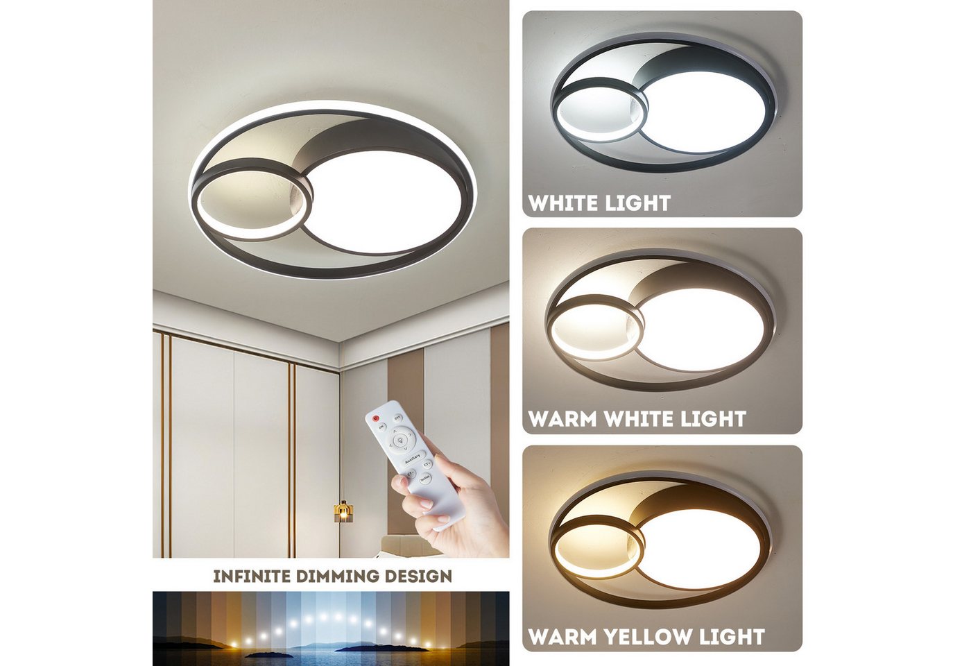 style home LED Deckenleuchte Deckenlampe, 55W-Ø50x8,5cm, LED fest integriert, warmweiß bis kaltweiß 3000-6000K, dimmbar mit Fernbedienung, für Wiohnzimmer Schla – Bild 2 von 5