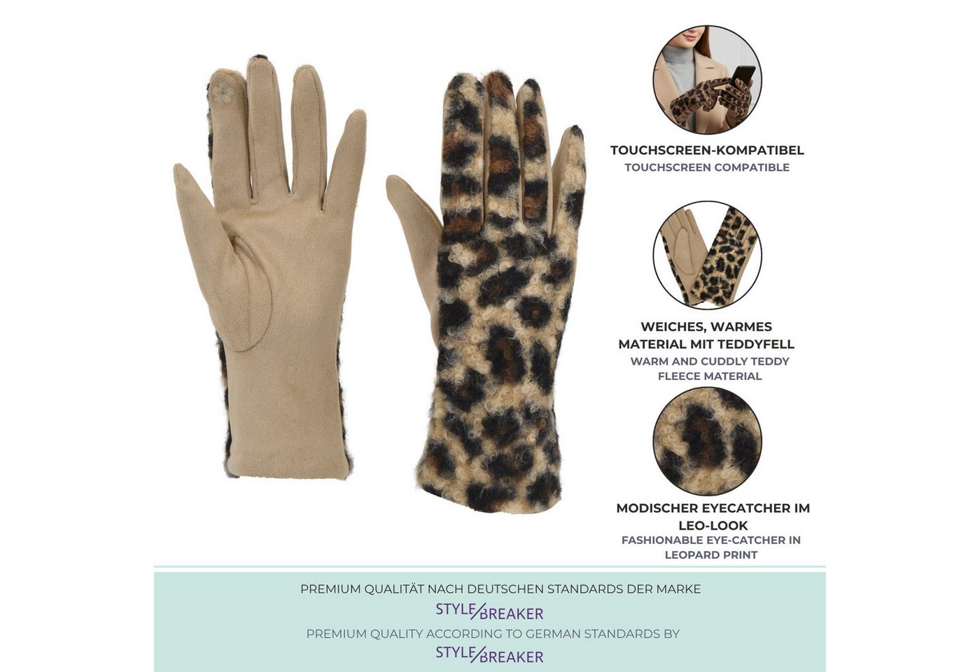 styleBREAKER Baumwollhandschuhe Touchscreen Handschuhe mit Leoparden Muster (1-St) – Bild 3 von 5