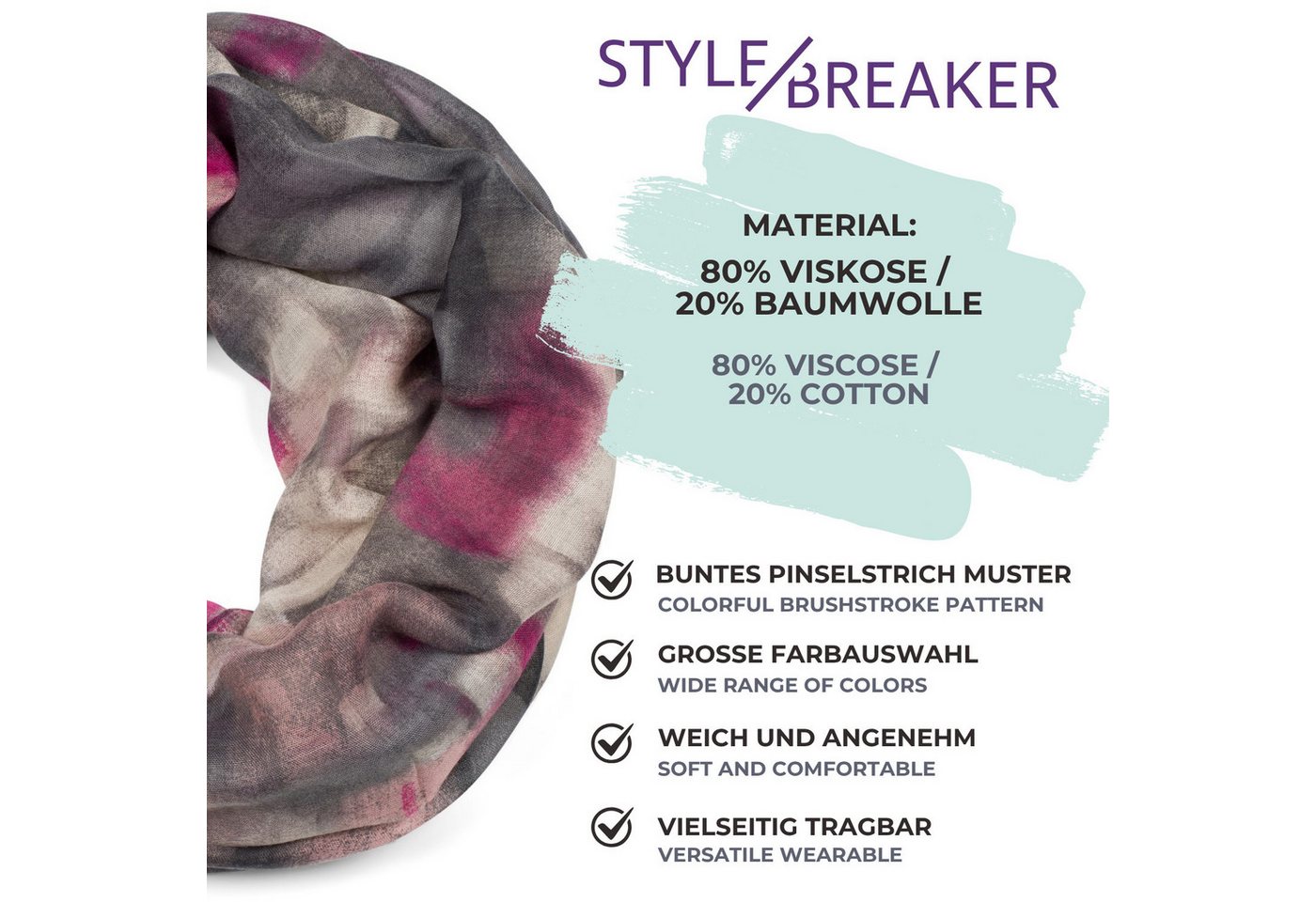 styleBREAKER Loop Loop Schal mit buntem Pinselstrich Muster, (1-St) – Bild 5 von 5