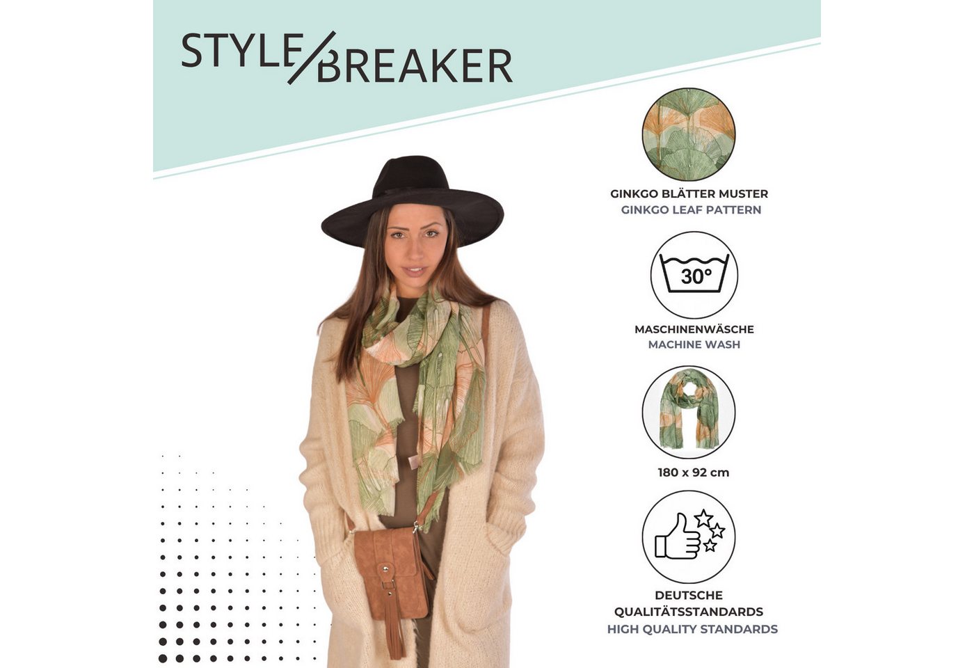 styleBREAKER Modeschal Langer Schal Ginkgo Leaves, (1-St) – Bild 4 von 5