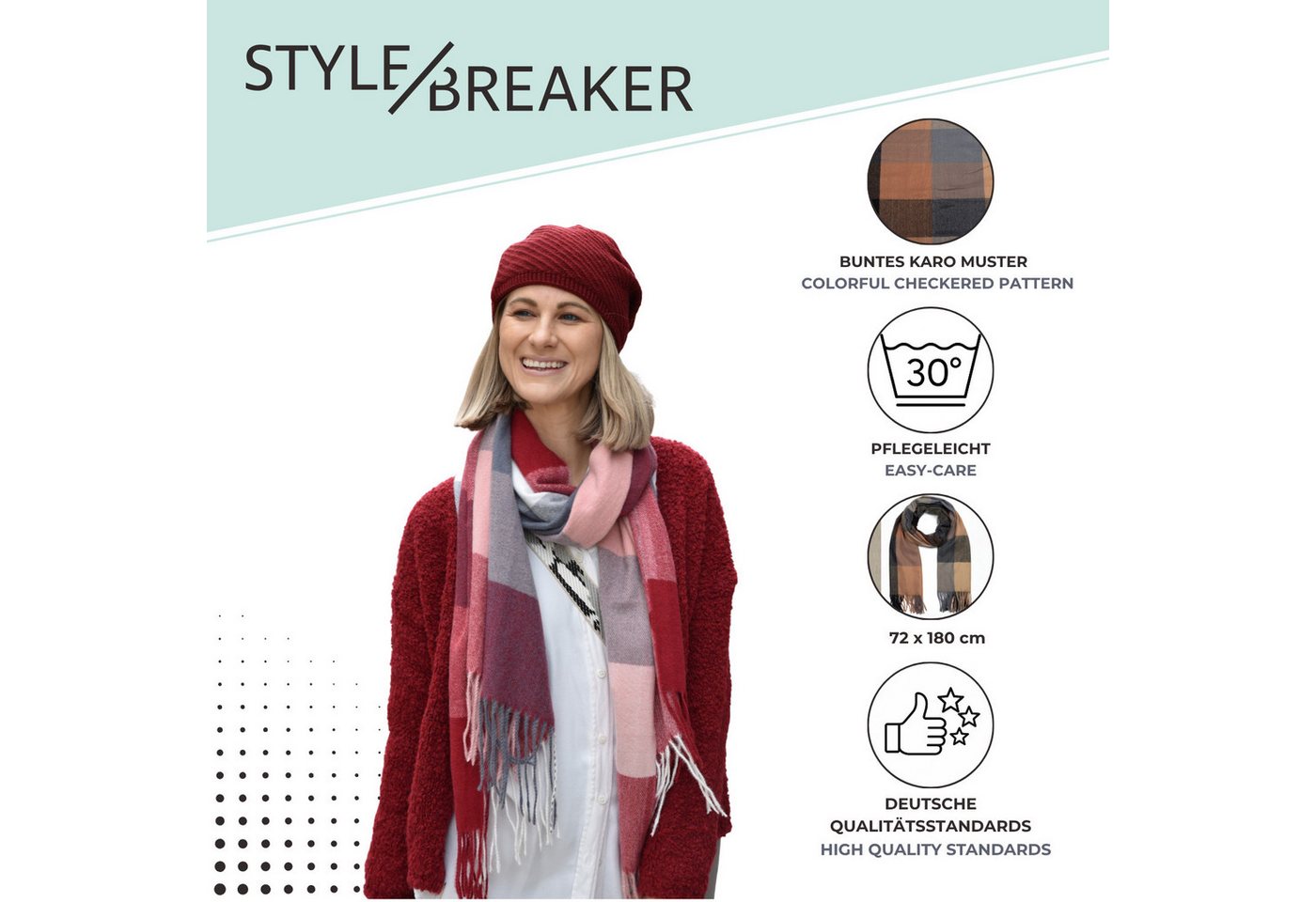 styleBREAKER Modeschal Weicher karierter Schal mit Fransen, (1-St) – Bild 4 von 5
