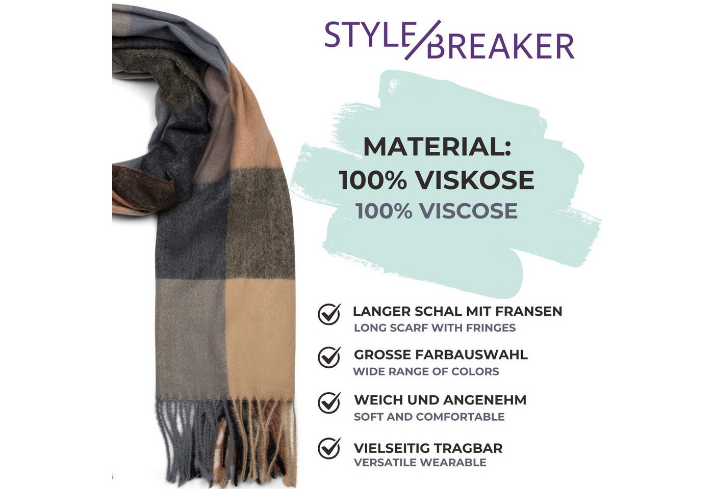 styleBREAKER Modeschal Weicher karierter Schal mit Fransen, (1-St) – Bild 5 von 5