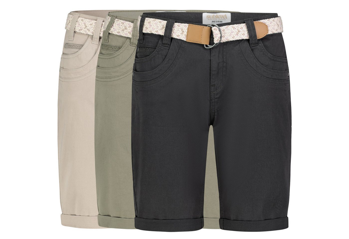SUBLEVEL Bermudas Damen Short Bermuda kurze Hose Sommer Chino Short Stoff Hose Gürtel – Bild 5 von 5