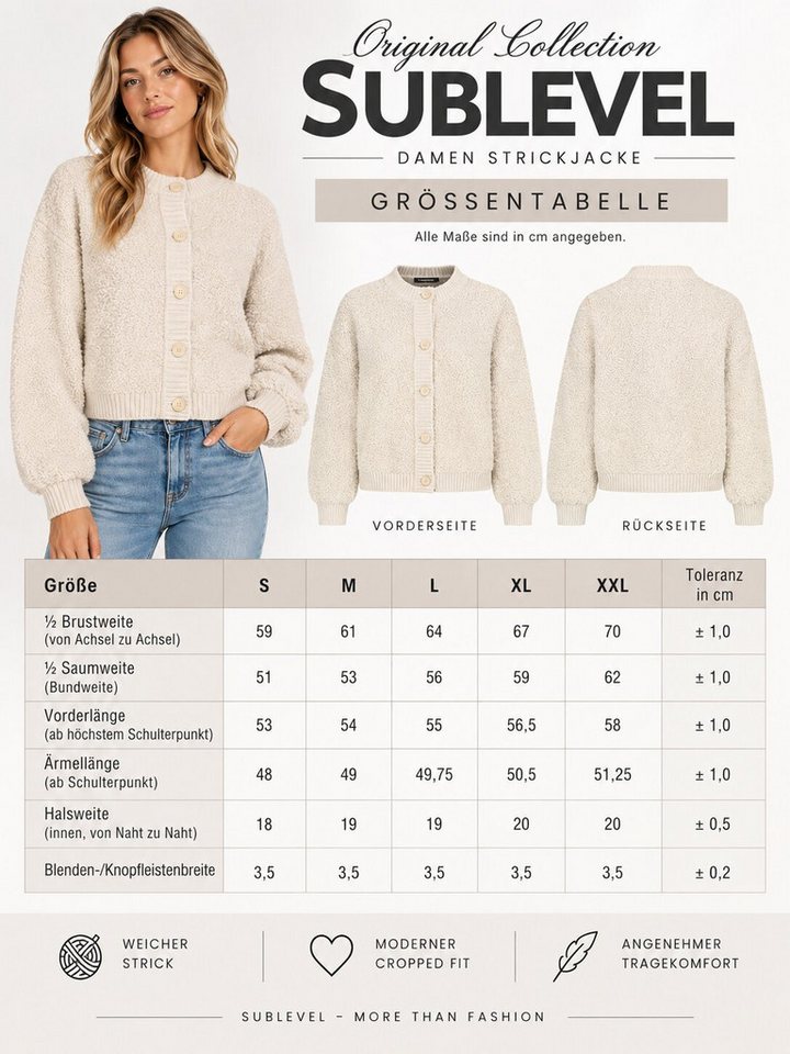 SUBLEVEL Cardigan Damen Strickjacke Pullover Jacke angehem weich Bouclé-Garn Perfekte Passform Hochwertige Verarbeitung, Bouclé-Garn, Ballonärmel – Bild 4 von 5