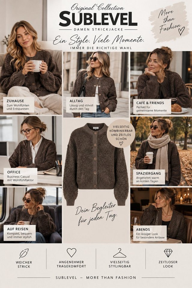 SUBLEVEL Cardigan Damen Strickjacke Pullover Jacke angehem weich Bouclé-Garn Perfekte Passform Hochwertige Verarbeitung, Bouclé-Garn, Ballonärmel – Bild 5 von 5